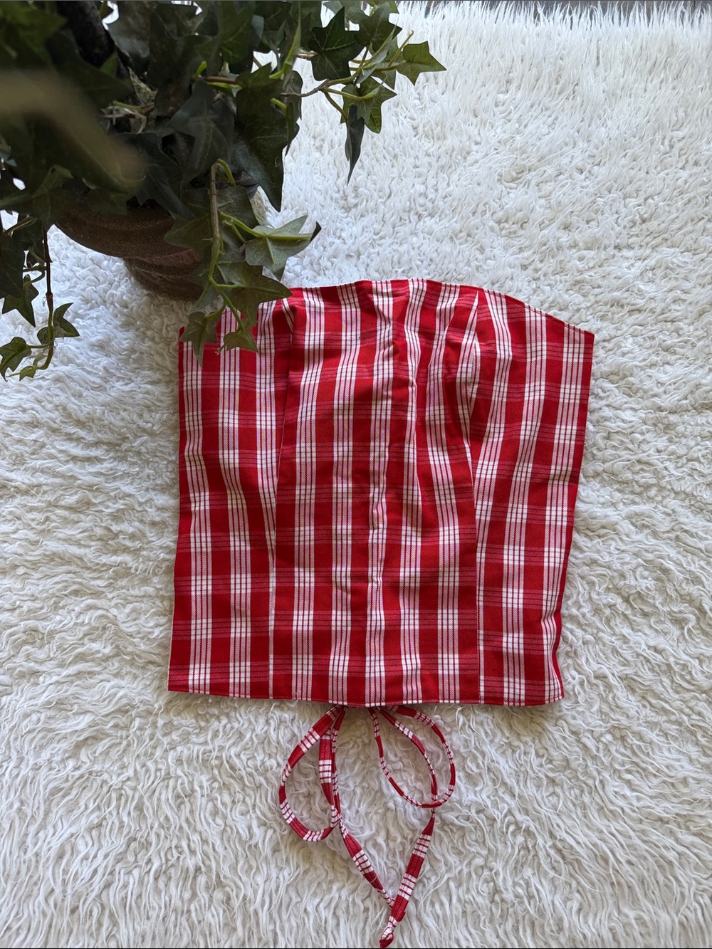 Red Plaid Strapless Tie-Back Camisole